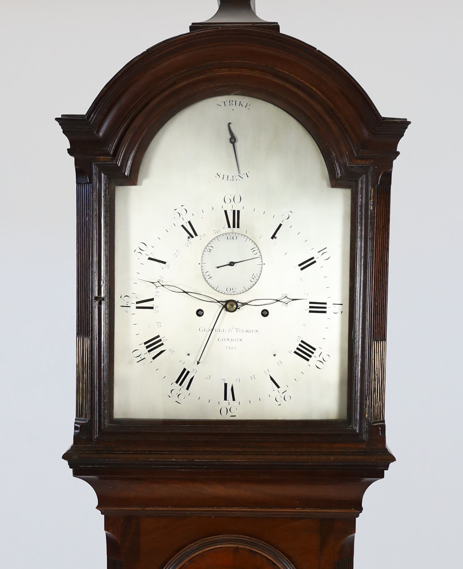 Gravell & Tolkien of London. A George III mahogany eight day domestic regulator, W.48cm H.220cm